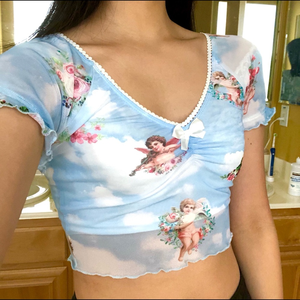 angel cherub mesh crop top sweetheart neckline